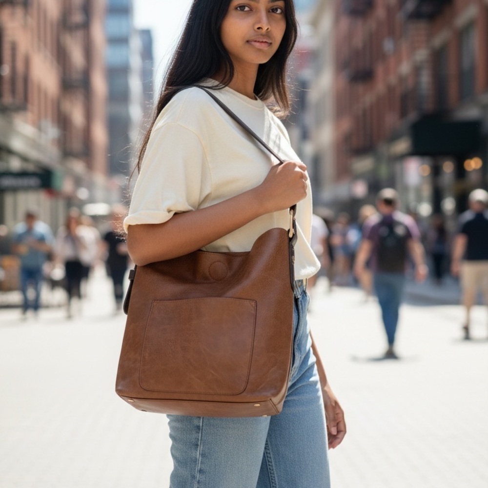 Classic Women’s Hobo Shoulder Bag Vegan Leather Snap Closure Coffee Large - Picture 8 of 17